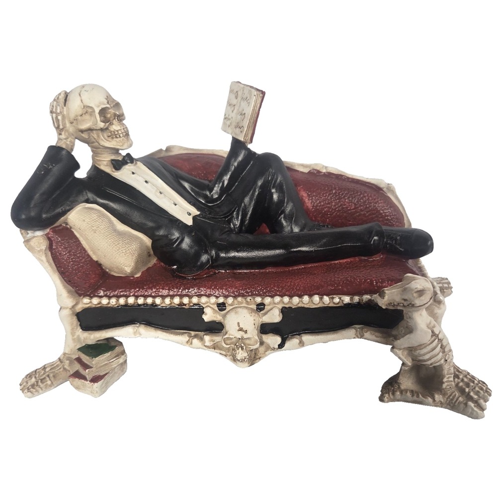 Halloween Skeleton Reading Book on Sofa Figurine Gothic Spooky Tabletop Decor